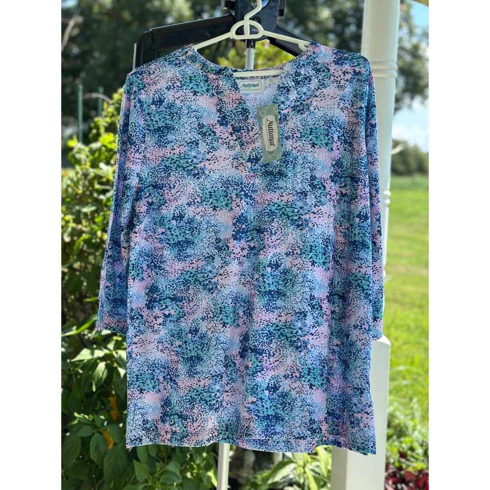 National Since 1952 Women's Large Blue Pink Abstract Print Split Neck Top NWT